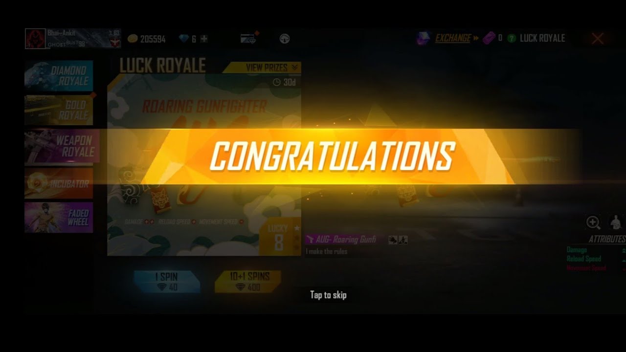 Free Fire I Got Roaring Gunfighter Aug Skin Roaring Permanent Gun Skin || Today Event Free Fire