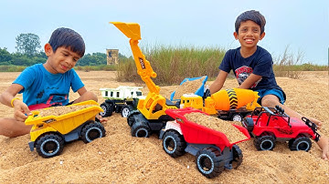 Kids Playing with JCB to Uncover Hidden Toys from Sand | Bruder Trucks, Cars, Cranes & More!