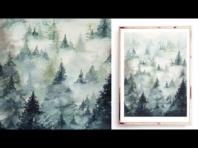 Winter forest stream watercolor painting Digital by Kateryna