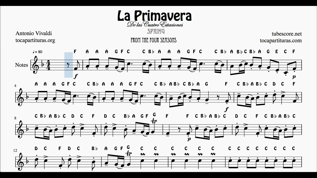 Spring by Vivaldi From the Four Seasons Full Version Notes Sheet Music for Flute Violin Oboe