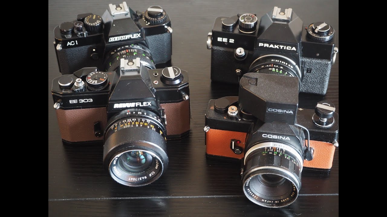 Overview M42 aperture-priority cameras. Revueflex EE303, Revueflex AC-1, Praktica EE2 and Cosina CSL