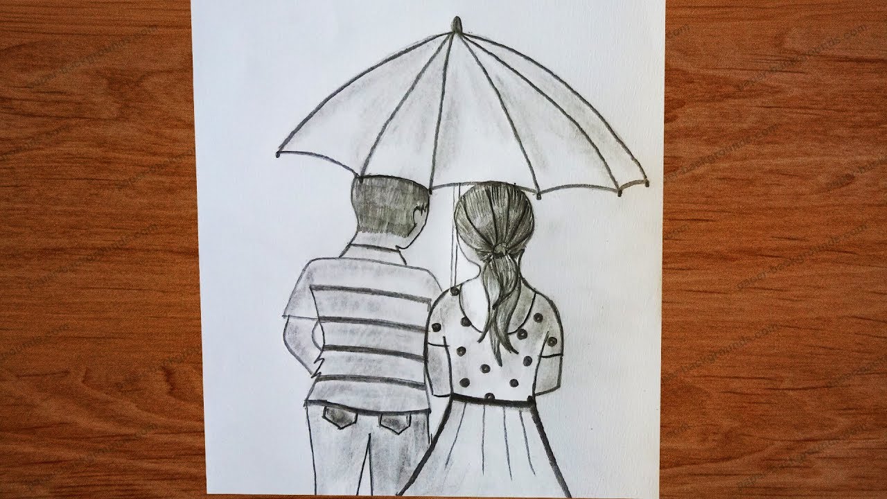 Pencil Drawing Of A Girl And Boy In The Rain With An Umbrella Rectangle Circle