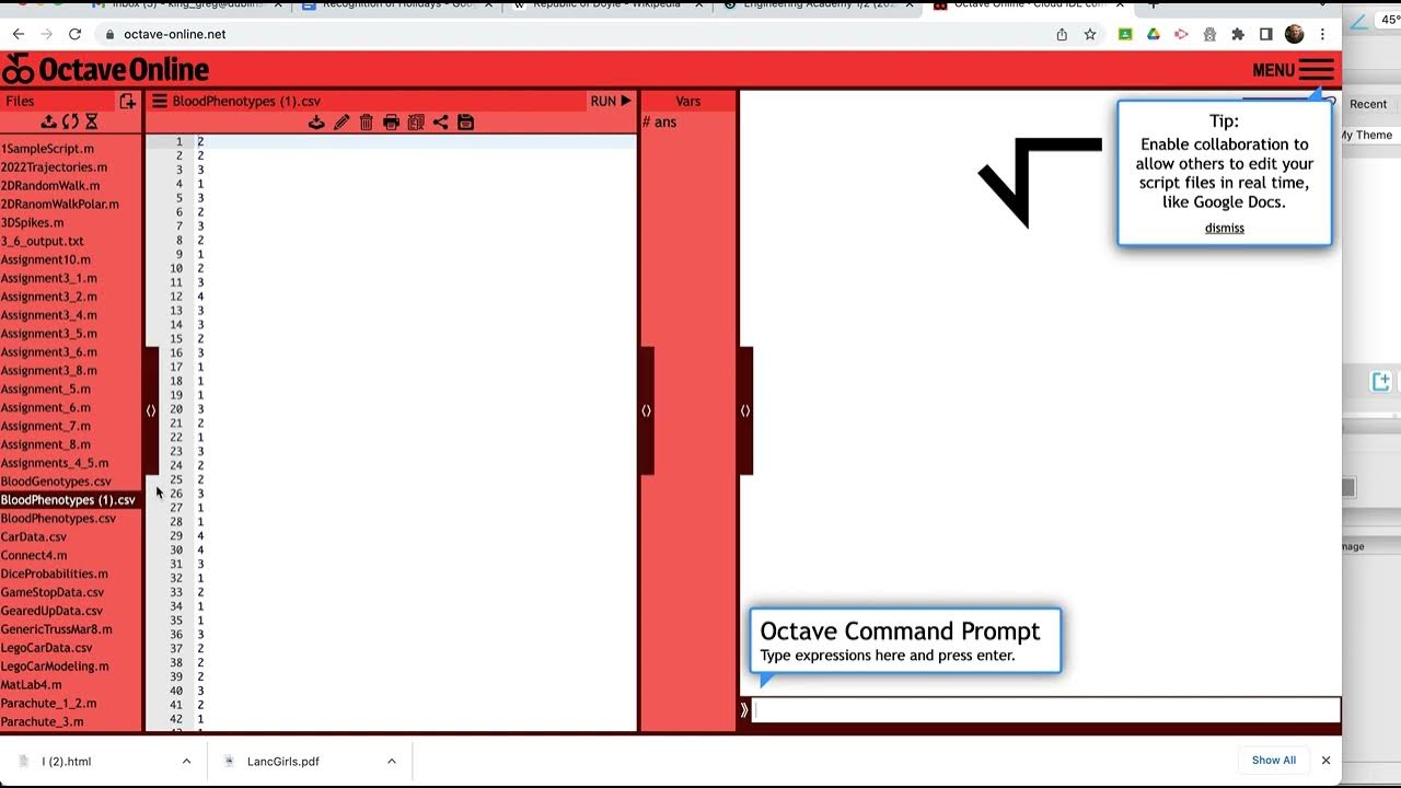 Uploading and reading a file in octave online youtube