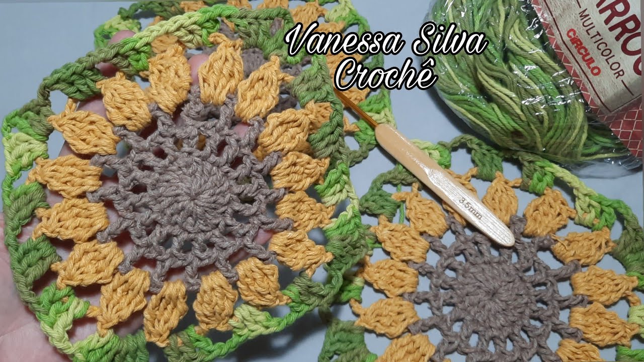 FLOR GIRASSOL RASTEIRA PARA APLICAÇÃO EM TAPETES DE CROCHÊ | SQUARE DE CROCHÊ COM FLOR