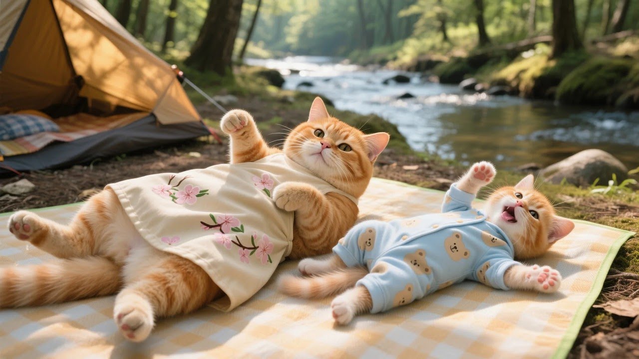 Ginger Kitten Goes Camping with Mama Cat, A Peaceful Day by the Forest Stream 🌲🐟🐾
