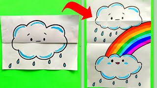 Sevimli Bulut ve Gökkuşağı Çizimi - Kolay Çizimler - Folding Surprise Card - Sürprizli Kart Yapımı