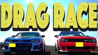 Chevy Camaro ZL1 1LE takes on Dodge Challenger SRT Hellcat, Spanking Follows. Drag and Roll Race.