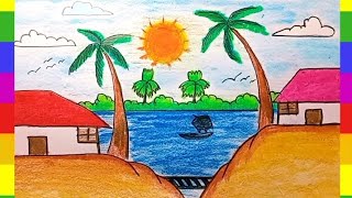 landscape village scenery drawing/beautiful scenery drawing /easy to drawing