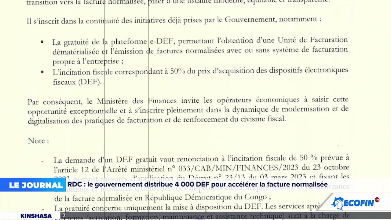 JT 20H 02 MARS 2026 : RDC : LE GOUVERNEMENT DISTRIBUE 4 000 DEF POUR ACCÉLÉRER LA FACTURE NORMALISEE