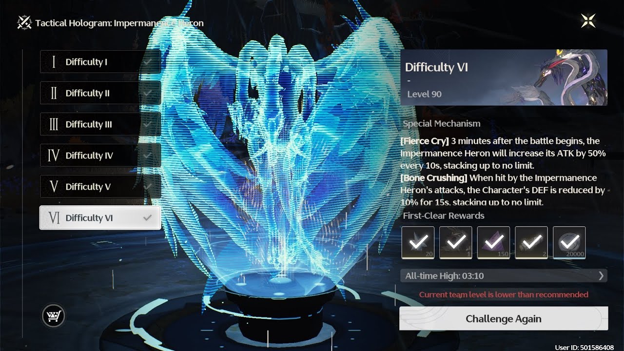 Wuthering Waves: F2P UL 48 level 70 Jinhsi S0 R1 - Impermanence Heron Full Clear lvl 90
