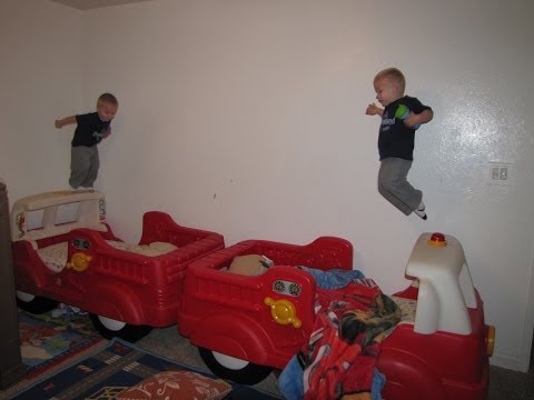 Cute Twins Free Fall & Jump into Their Step2 Firetruck Beds - Family Fun Pack Twins Bedtime Routine