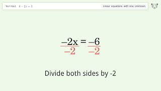 Linear equation with one unknown: Solve 9-2x=3 step-by-step solution