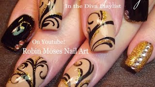 nail nails gold glitter bling tutorial tan filigree nailart