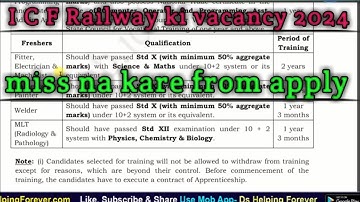 Railway ICF Apprentice Online Form 2024 Kaise Bhare | ICF Apprentice 2024 Application Form Apply