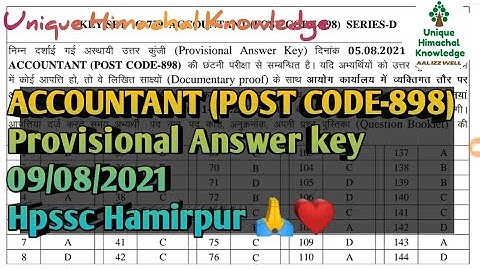ACCOUNTANT (POST CODE-898)  Provisional Answer key Hpssc Hamirpur 🙏🙏