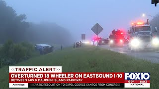 18-wheeler overturns on I-10 EB in Mobile