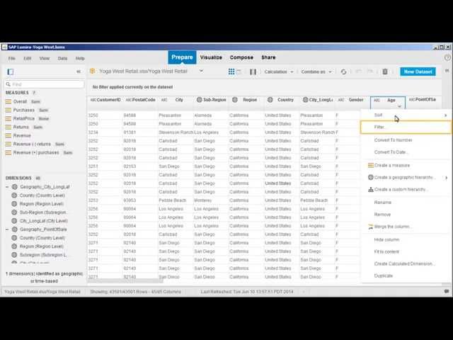 Sort and filter values in a dataset: SAP Lumira 1.17