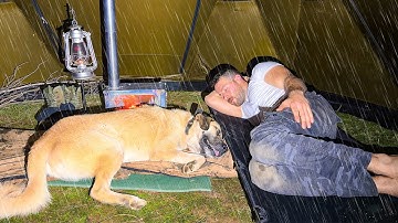 Caught in Thunderstorm With My Dog! - Hot Tent Camping in Heavy Rain All Day!