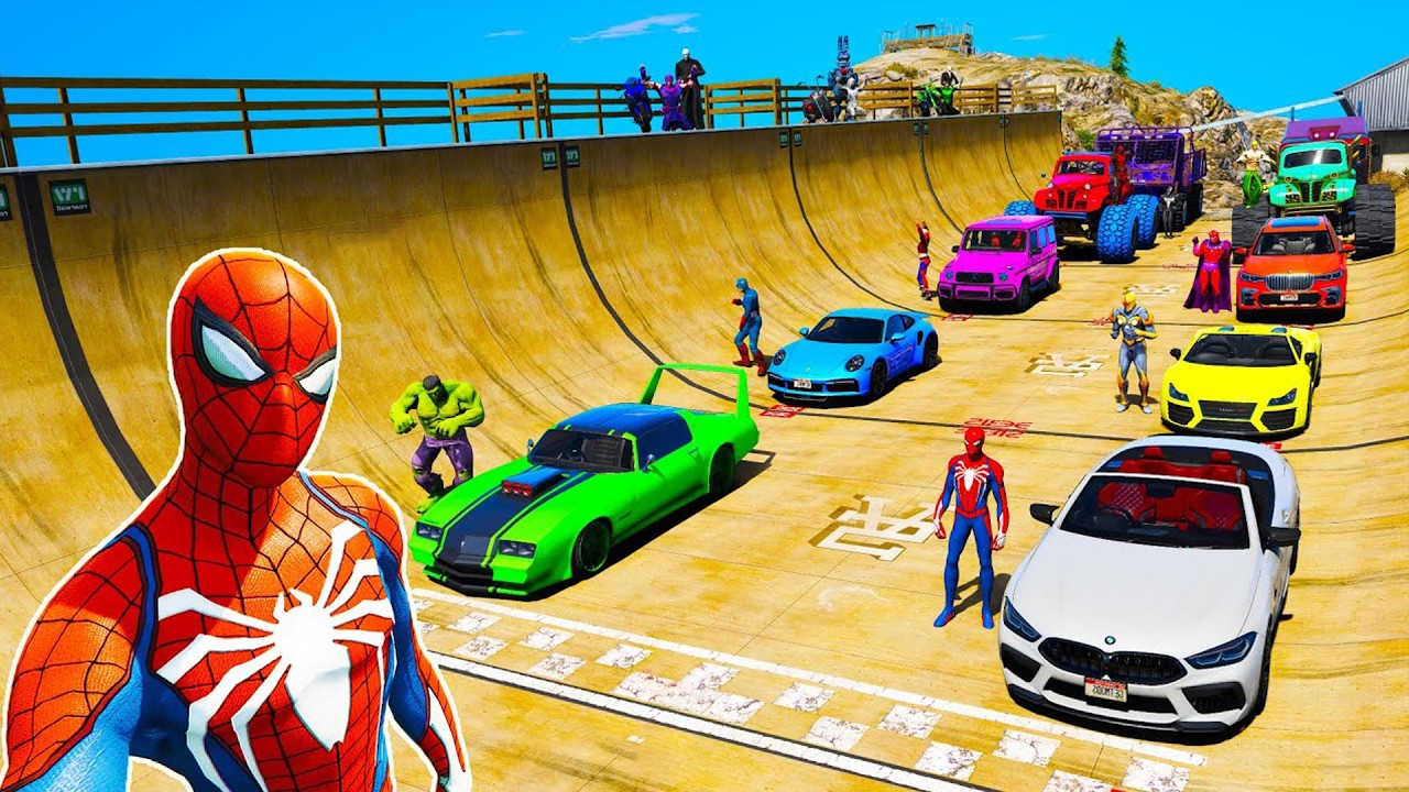 Epic challenge jump Ramp Mount Chiliad Spiderman BMW Cars Audi Monster Truck GTA V