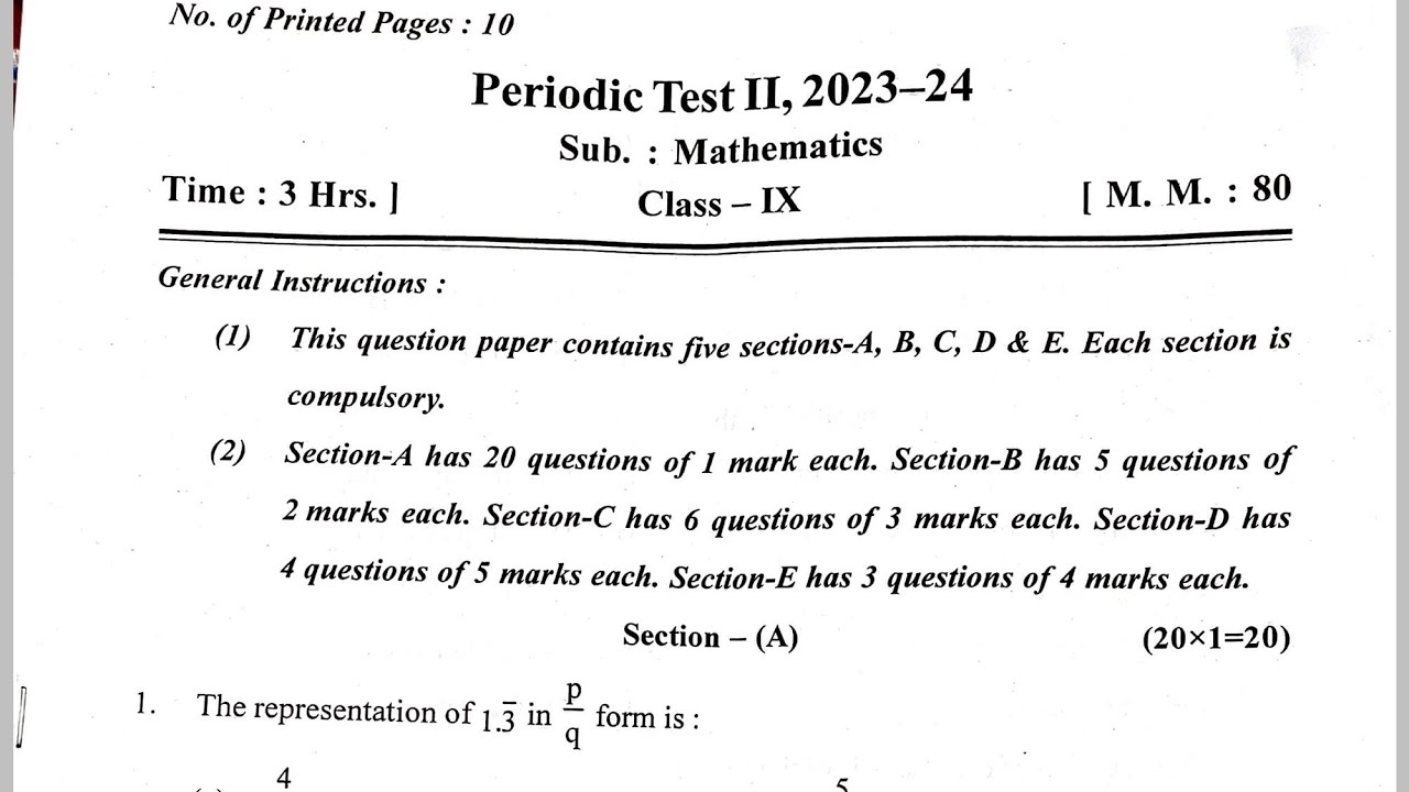Class9 MATHS / PT2 Half Yearly Exam Question Paper / CBSE / KV
