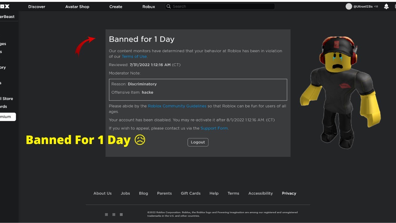 I Got Banned In Roblox For 1 Day 😥😥😥 - YouTube