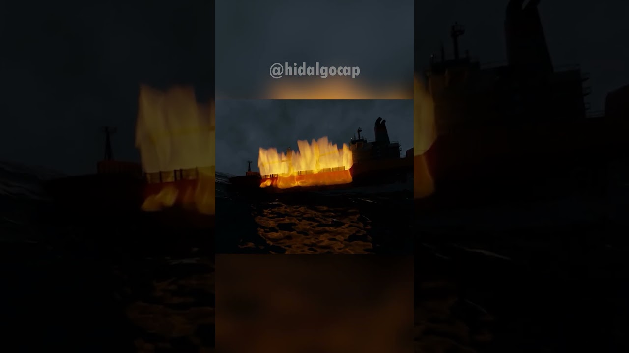 The ship is burning in the sea 