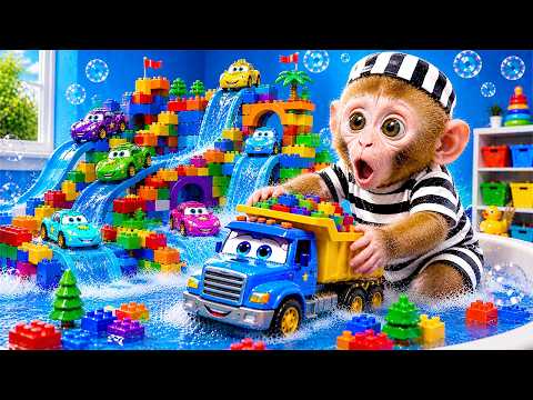 Bonbon the monkey and his little monkey brother explore a secret LEGO car shop