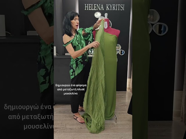 Elena creates a long green dress from silk pleated muslin step by step