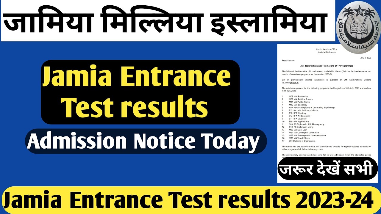 Jamia Admission Notice 2023 All courses Jamia Today Entrance result