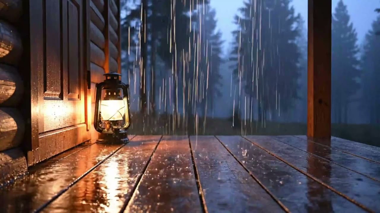 Warm Cabin Porch in the Rain | Cozy Night Ambience (1 Hour) | Forest Rain ASMR - Leafy Raindrops