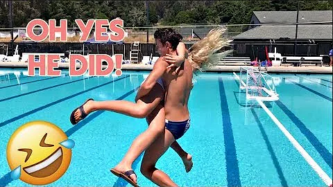 IT'S BRENNAN THROWING KATIE INTO THE POOL AFTER THE GAME