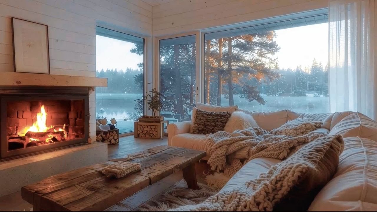 Cozy Wooden Cabin Morning in Winter with Soft Piano Music and Fireplace Sounds