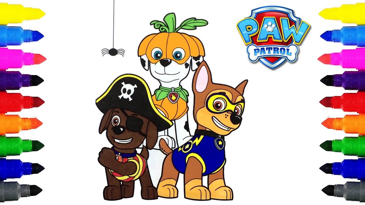 Paw Patrol Halloween Coloring Pages for Kids Paw Patrol Marshall, Chase, Zu...