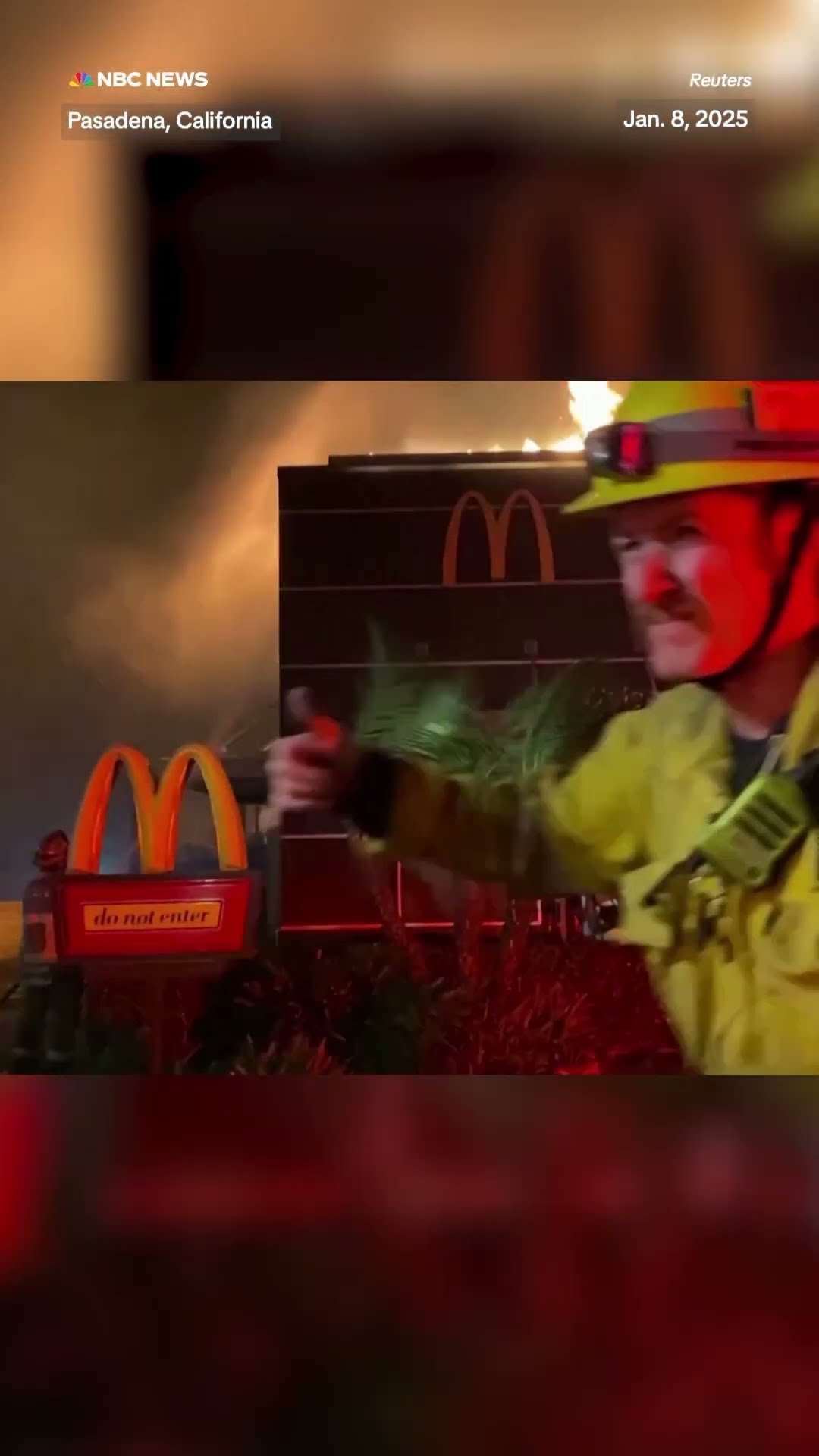 A McDonalds in California was engulfed in flames as wildfires break out in the Los Angeles area.