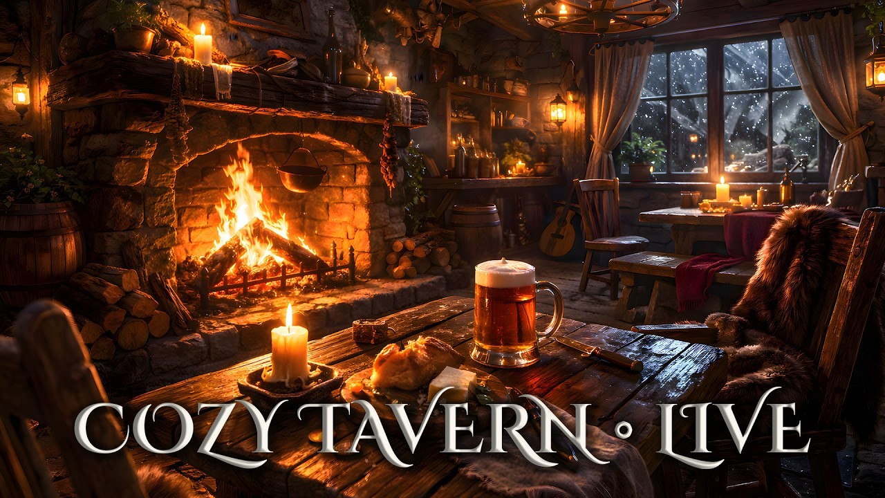Cozy Medieval Tavern 🏰 Rain & Fireplace Ambience | Study, Sleep, Relax | LIVE 24/7
