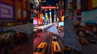 ￼Animate this image with smooth forward FPV camera motion, following closely behind the paper plane.