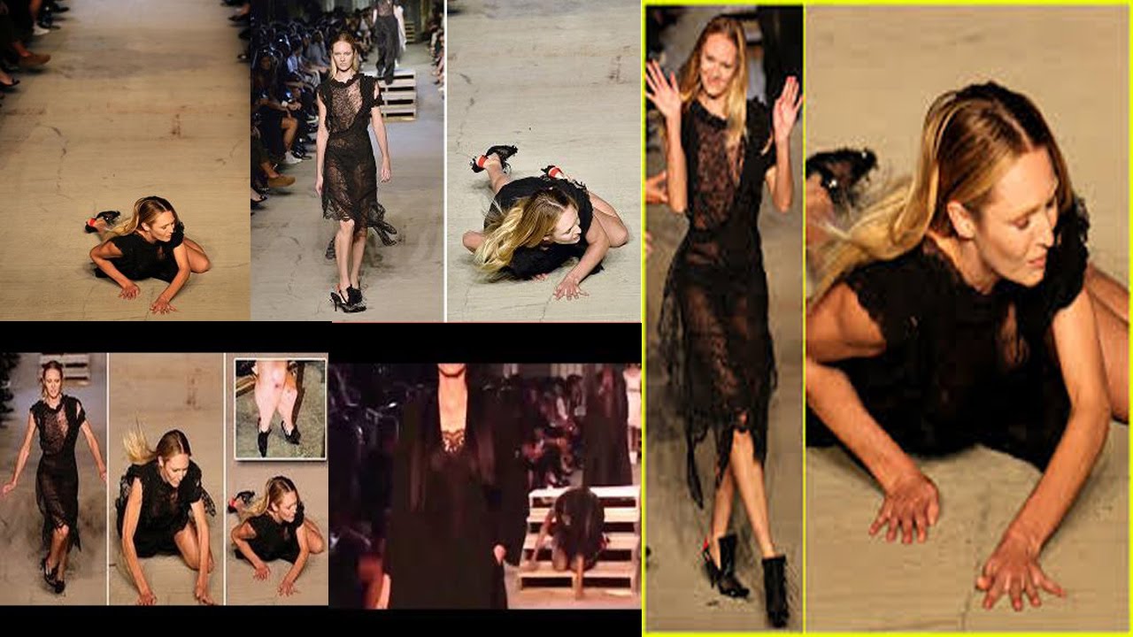 Models Candice Swanepoel & Pooja Mor fall down during Givenchy Spring/Summer 2016 fashion show