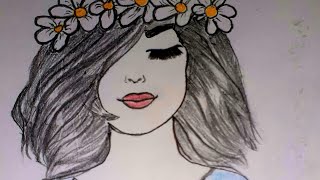 رسم سهل لبنت تضع تاج من الزهور على رأسها/رسم بسيط/a girl with a crown of flowers on her head