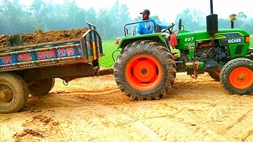 Eicher 557 Tractor Sand Loading and Unloading Over The Rough Hills Top Hills Digital Unload Facility