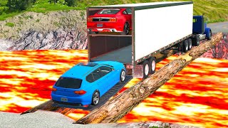 Box Trailer Truck Rescue Cars Through Lava - Cars vs Lava - BeamNG.drive