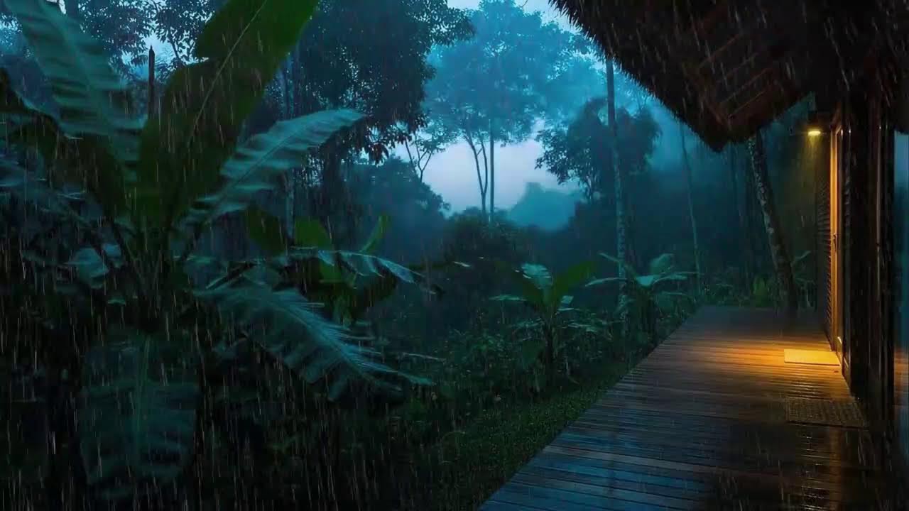 Warm Rainfall and Distant Thunder Outside Jungle Cabin for Fast Sleep 🌧️
