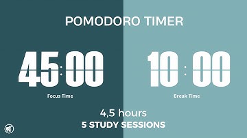 4-Hour Pomodoro Timer ⏳ | 5 x 45/10 Sessions | No Music | Study, Focus, ADHD Countdown