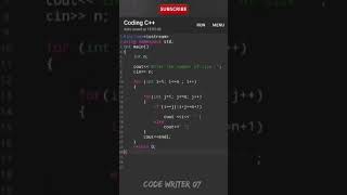 Best C++ pattern program tutorial video || 💯🧠 #shorts #coding #youtubeshorts #codewriter07