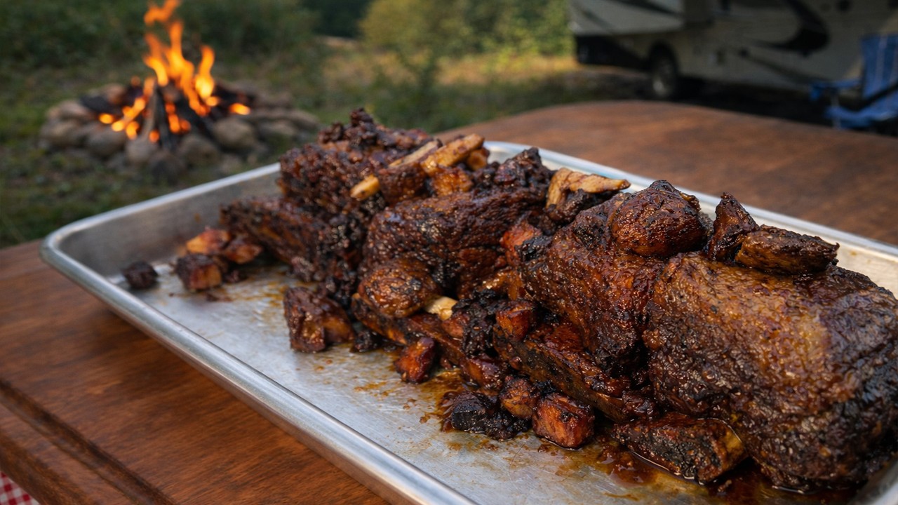 Cooking Ribs Over Open Fire Slow Cooked Beef Short Ribs Over Open Fire at an RV Camp | Dinner Done ...