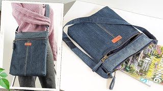 DIY Plain Denim Crossbody Bag With Zipper Out of Old Jeans | Bag Tutorial | Upcycled Craft