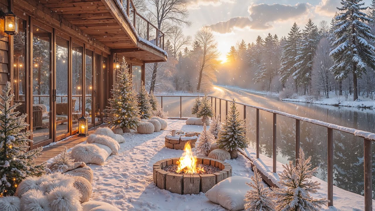 Cozy Christmas Lakeside Fireplace | Warm Winter Porch Ambience, Candles & Snowy Lake View