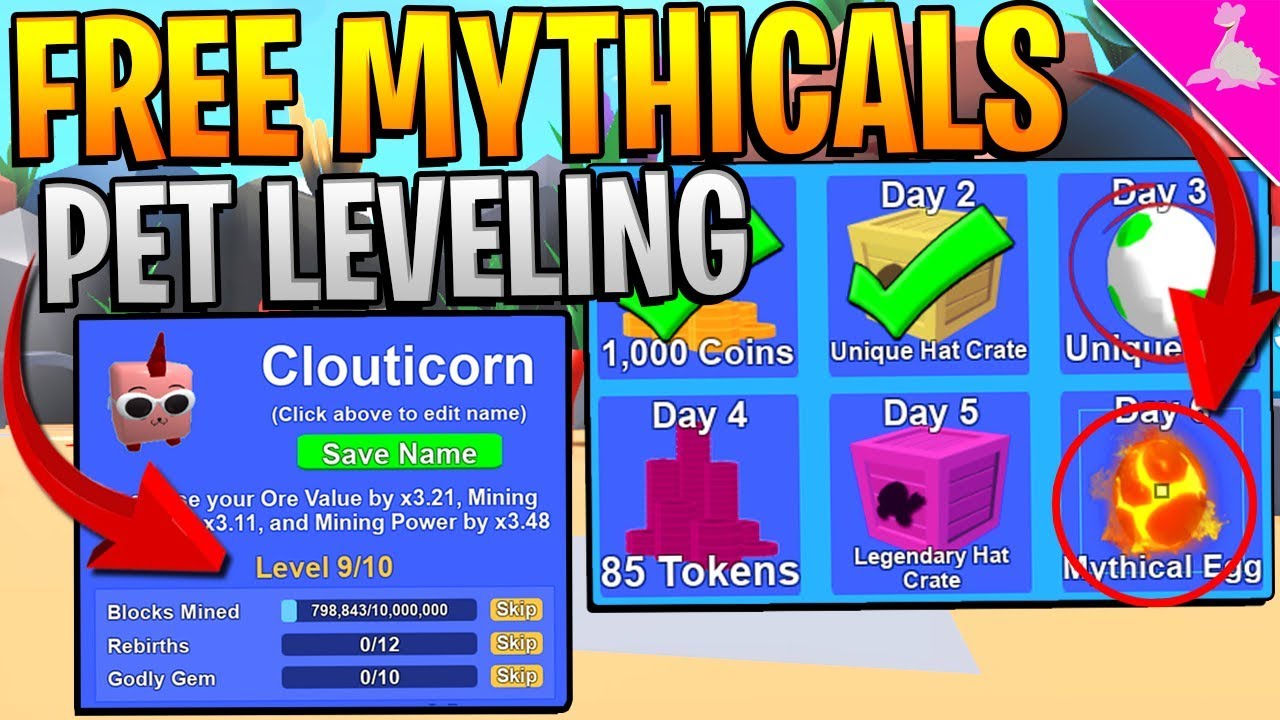 Pet Level Update And Free Mythicals Daily In Roblox Mining Simulator Insane Youtube - free daily gifts all halloween codes roblox mining
