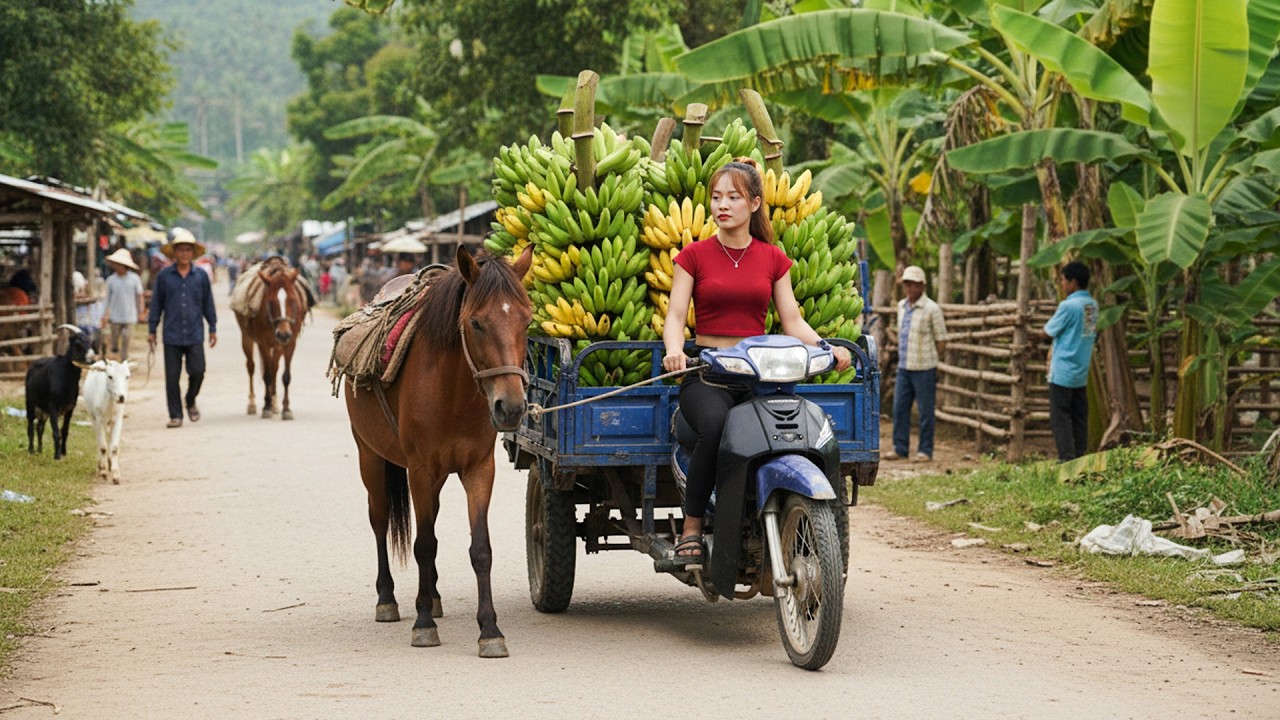 Smart Girl Fishing With Trawl Nets: Harvest Big Fish | Transport Horse & Bananas
