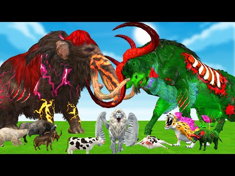 20 Mammoth Elephant Cow vs 10 Giant Tiger Lion become Giant zombie attack Baby Cow saved by Mammoth
