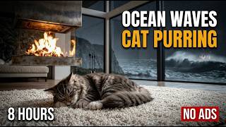 Ocean Waves & Cat Purring | Cozy Cliffside Bedroom Fireplace | Sleep Ambience 8 Hrs